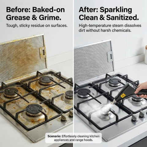 Before and after images of kitchen stovetop cleaned with Heavy Duty Handheld Steam Cleaner With 1200ML Tank That Slays Grease And Sticky Buildup On Kitchens Bathrooms And Car Interiors Smooth Cleanup Guaranteed Every Time.