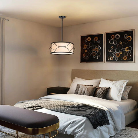 Bedroom view of Dope Modern Drum Chandelier Pendant Light With Black Metal Frame And Fabric Shade, modern vibe