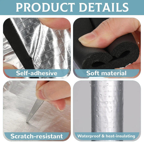 Close-up of 12 Pack Self Adhesive Pipe Insulation Foam Tubes With Aluminum Foil Wrap showing self-adhesive and soft material features.