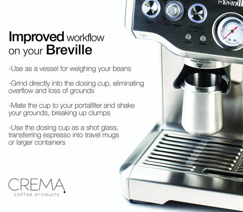 Espresso machine with 54mm Dosing Cup For Espresso Pros, Stainless Steel With Built In Grinder Tab and brushed silver finish.