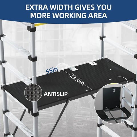 Heavy Duty Aluminum Scaffold Tower Ready To Roll Work Platform adjustable platform's antislip deck measures 55in by 23.6in.