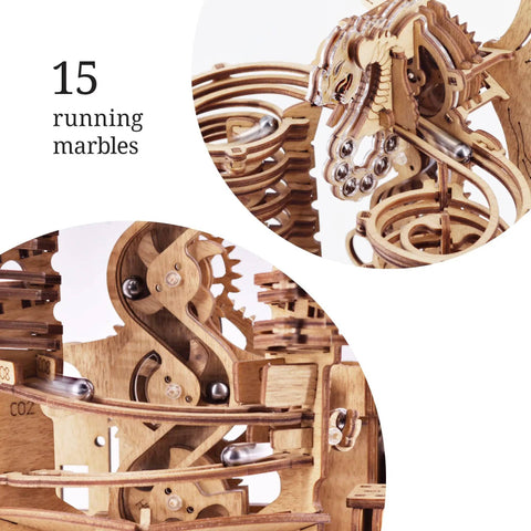 Close-up of the Wooden Marble Run Dragon Kit Hands On 3D Mechanical Model with marble track and steel balls