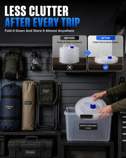 Collapsible Water Container With Spigot For Camping And Travel demonstrating storage efficiency