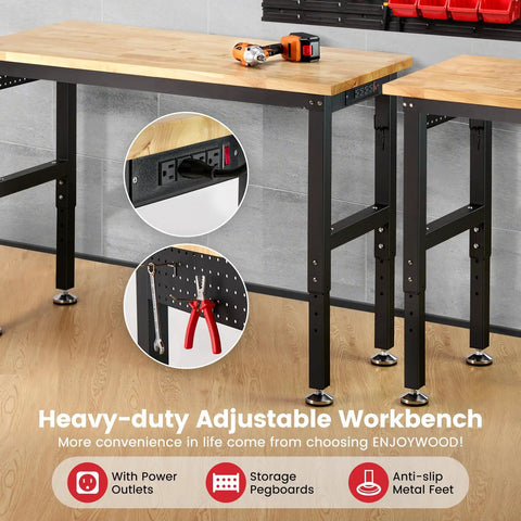 Built Tough 48 Inch Workbench With Rock Solid Rubberwood Top Adjustable Steel Frame Pegboard Rack Built In Power Outlet Garage Work Table For Shop And Home Setup