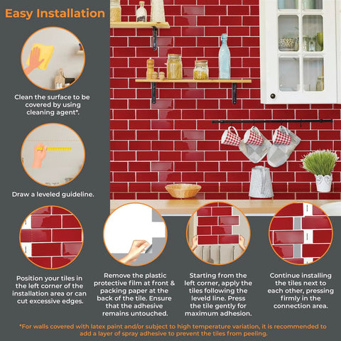 Tutorial on installing Peel And Stick Kitchen Backsplash Tiles Self Adhesive Subway Tile 11.8 By 11.8 Inches Red Glossy Water And Heat Resistant 3D Wall Tiles No Mess Easy Install For Bathroom Splashback Eco Friendly over kitchen counter.