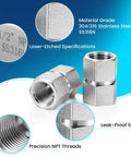 3/8 x 3/8 NPT Hex Coupling Double Female Pipe Fitting, 304 Stainless Steel, Beefy 4500 PSI Heavy Duty, showcasing design features