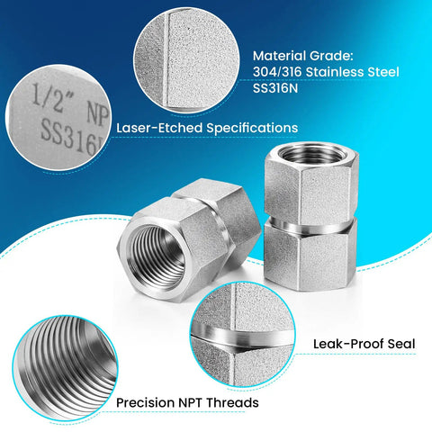 3/8 x 3/8 NPT Hex Coupling Double Female Pipe Fitting, 304 Stainless Steel, Beefy 4500 PSI Heavy Duty, showcasing design features