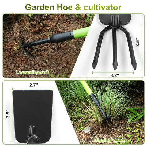 Versatile Telescoping Dual Head Garden Weeder And Cultivator with adjustable handle loosening soil and digging weeds in garden.