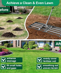 30-Inch By 10-Inch No-Fuss Pro-Grade Lawn Leveling Rake Heavy Duty Garden Tool For Smoothing Soil, Sand, Compost, Gravel And Crushed Stone With Adjustable Handle For Backyards, Lawns, Farms, Golf Courses And Seed Prep displayed with lawn before and after use.