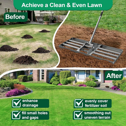 30-Inch By 10-Inch No-Fuss Pro-Grade Lawn Leveling Rake Heavy Duty Garden Tool For Smoothing Soil, Sand, Compost, Gravel And Crushed Stone With Adjustable Handle For Backyards, Lawns, Farms, Golf Courses And Seed Prep displayed with lawn before and after use.