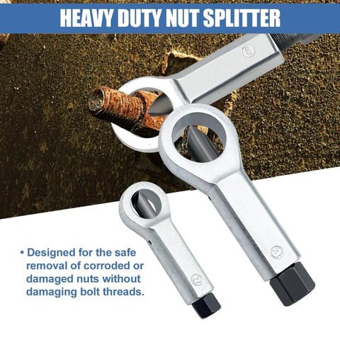 Heavy duty nut splitter removing a rusted nut, part of the Impact Bolt And Nut Removal Drill Bit Kit With 13 Bolt And Nut Removers.