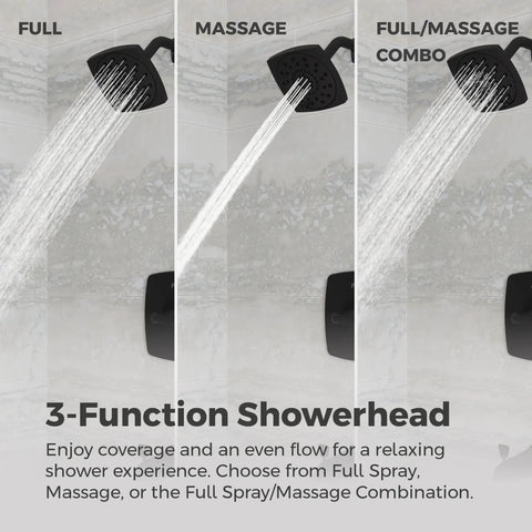 Tub And Shower Trim Kit With Valve And Cartridge, Single Handle, 3 Function Shower Head demonstrating water modes
