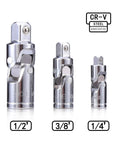 Three Piece Universal Joint Socket Set with Chrome Vanadium Steel Swivel Adapters for 1/4, 3/8, and 1/2 inch drive