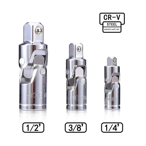 Three Piece Universal Joint Socket Set with Chrome Vanadium Steel Swivel Adapters for 1/4, 3/8, and 1/2 inch drive