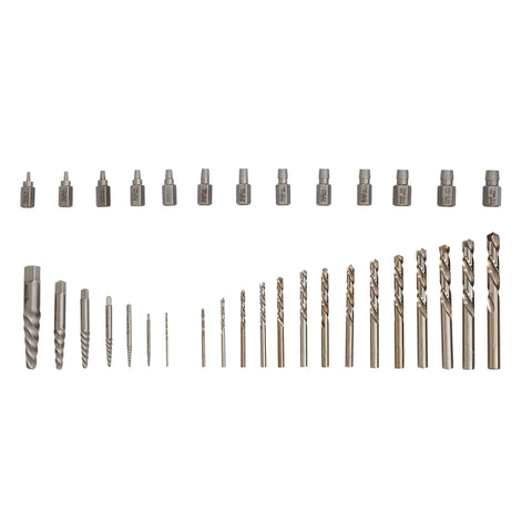 Left Handed Screw Extractor And Drill Bit Set, 35 Piece, Easy Out Style Flutes visibly arranged with etched size guides