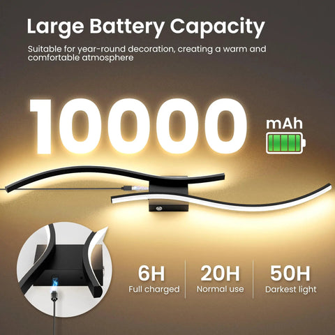 Cordless Battery Operated Wall Sconces Set Of 2 With 10000mah Power Bank 31.5 Inch Black LED light showcasing battery capacity.