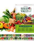 Survival Vegetable Seeds Vault Kit With 36 Heirloom Varieties And Over 17,600 Non GMO Seeds, featuring fresh vegetables and packaging