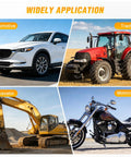 Various applications of Pro Grade Heavy Duty Pneumatic Grease Gun Kit on car, tractor, excavator, and motorcycle in different settings