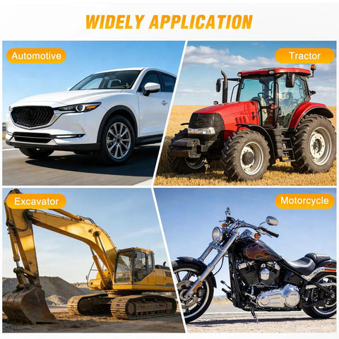 Various applications of Pro Grade Heavy Duty Pneumatic Grease Gun Kit on car, tractor, excavator, and motorcycle in different settings