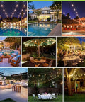 Outdoor String Lights Commercial Grade 96 Ft Waterproof With 30 S14 Shatterproof Dimmable LED Bulbs displayed in various backyard settings.