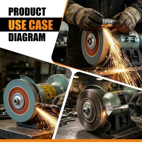 Heavy Duty Six Inch Sixty Grit Silicon Carbide Grinding Wheel Paired With Hardcore Carbon Steel Wire Brush Set For Bench Grinders With Half Inch Spindle Shop Beast Workhorse Metal Polisher being used in metal shaping with sparks flying.