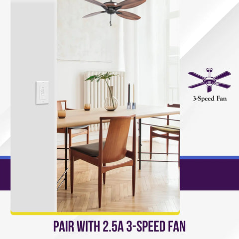 Installed 3 Speed In Wall Ceiling Fan Control With Slider Switch For Quiet Operation No Fuss Easy Install 120V AC 2.5A Single Pole