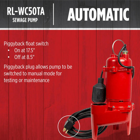 Rugged Half Horsepower 115V Cast Iron Sewage Pump With 5600 GPH Flow, tethered switch, red design, piggyback float switch in view