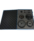 Conduit Punch And Die Set For Knockouts In 2-1/2, 3, 3-1/2 And 4 Inch Sizes, steel dies with metric to English draw stud in case