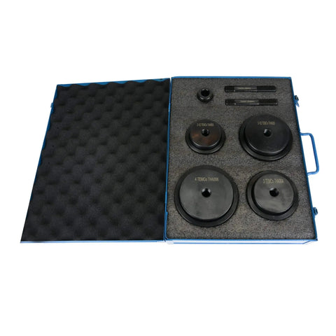 Conduit Punch And Die Set For Knockouts In 2-1/2, 3, 3-1/2 And 4 Inch Sizes, steel dies with metric to English draw stud in case
