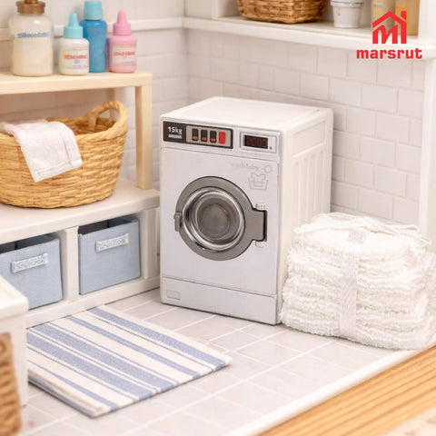 Big Time Hit Miniature Washing Machine Featuring Smooth Operable Lid And 1/12 Scale White Towel Set Serious Flex For Dollhouse Furniture And Cozy Room Decor Display Collection placed in a cozy laundry setup.