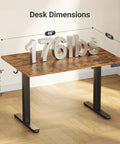Electric Adjustable Standing Desk For Home Office With 24 By 48 Inch Workspace Sit Stand Design Splice Board Top Black Frame And Rustic Brown Surface Ergonomic And Sturdy Holds Up To 176 Pounds, shown with dimensions and weight capacity.
