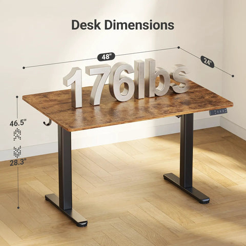 Electric Adjustable Standing Desk For Home Office With 24 By 48 Inch Workspace Sit Stand Design Splice Board Top Black Frame And Rustic Brown Surface Ergonomic And Sturdy Holds Up To 176 Pounds, shown with dimensions and weight capacity.