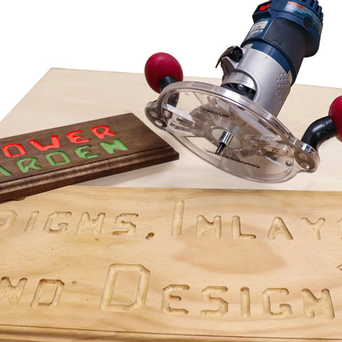 Dead Nuts Universal Compact Router Sub Base Quick Adjust Plate in use for woodworking with engraved signs and trim router.