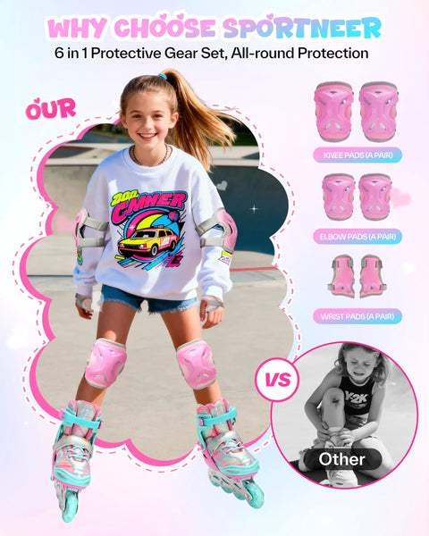 Girl wearing adjustable inline roller skates for girls and women with size 2 to 7.5, pink protective gear and LED wheels outdoors.