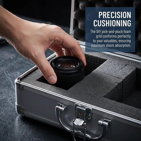 Premium Aluminum Alloy Tool Box with Foam Interior and Sturdy Handle for Safe Transit and Organized Storage of Tools or Valuable Items Travel Friendly Hard Shell Container that Keeps Your Gear Lock Tight with camera lens inside.