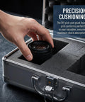 Tough As Nails Lockable Aluminum Alloy Toolbox With Shock Absorbing Foam Insert holding camera lens in impact-resistant foam interior.