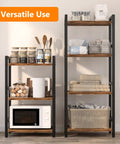 Three Tier Narrow Bookshelf With Heavy Duty Steel Frame Rustic Brown Bookcase Storage Organizer For Living Room Home Office Display Rack Holds Books CDs Decor Plants Dope Build For Cozy Corners with open shelves displaying kitchenware.