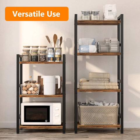 Three Tier Narrow Bookshelf With Heavy Duty Steel Frame Rustic Brown Bookcase Storage Organizer For Living Room Home Office Display Rack Holds Books CDs Decor Plants Dope Build For Cozy Corners with open shelves displaying kitchenware.