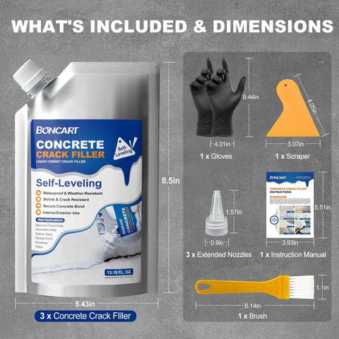 Go To Self Leveling Concrete Crack Filler With Fast Drying Waterproof Sealant High Flexibility And Strong Adhesion Ideal For Driveways Patios Sidewalks Basements Garages Indoor Or Outdoor Use 39.57 Fluid Ounces with included tools and dimensions