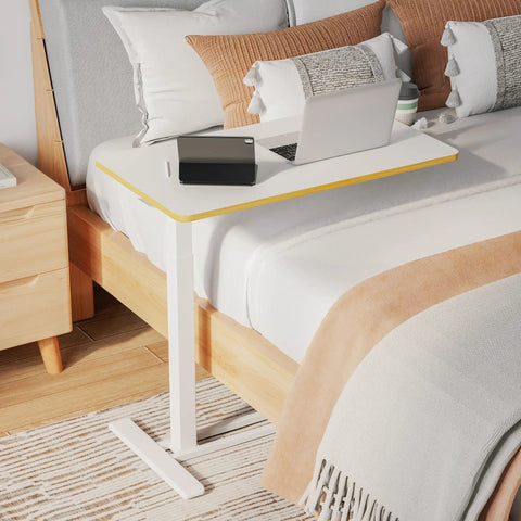 Overbed Table With Pneumatic Lift, Adjustable Height 26 to 41.7 Inches, Hidden Casters, Mobile Laptop Desk With Tray, White.