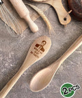2 Piece Funny Wooden Spoons For Cooking The Office TV Show Gift with engraved character and quote on kitchen counter