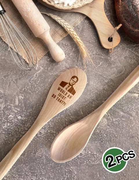 2 Piece Funny Wooden Spoons For Cooking The Office TV Show Gift with engraved character and quote on kitchen counter