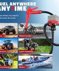 Get She Done Cordless Fuel Transfer Pump Pulling Gasoline Diesel Oil And Water Smoothly At 5 Gpm Compatible With Milwaukee 18V Batteries for various vehicles like cars, motorcycles, lawn mowers, and boats.