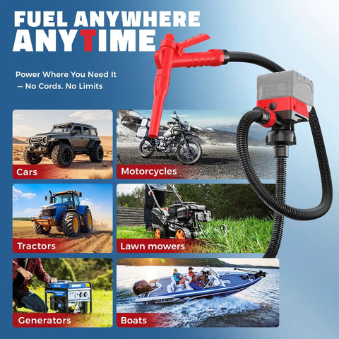 Get She Done Cordless Fuel Transfer Pump Pulling Gasoline Diesel Oil And Water Smoothly At 5 Gpm Compatible With Milwaukee 18V Batteries for various vehicles like cars, motorcycles, lawn mowers, and boats.