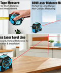 Solid Workhorse 3 In 1 Laser Distance Meter Pairs Up Cross Line Level And Retractable Tape Measure For Dead On Accuracy Digital panel displays laser and tape measure.