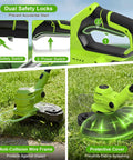 Cordless 21V Weed Wacker And Edger 2 In 1 with dual safety locks, anti-collision wire frame, and protective cover features shown.
