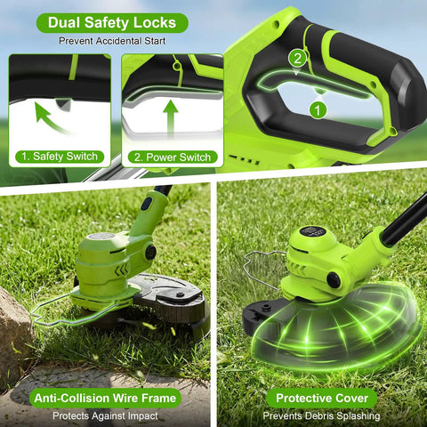 Cordless 21V Weed Wacker And Edger 2 In 1 with dual safety locks, anti-collision wire frame, and protective cover features shown.