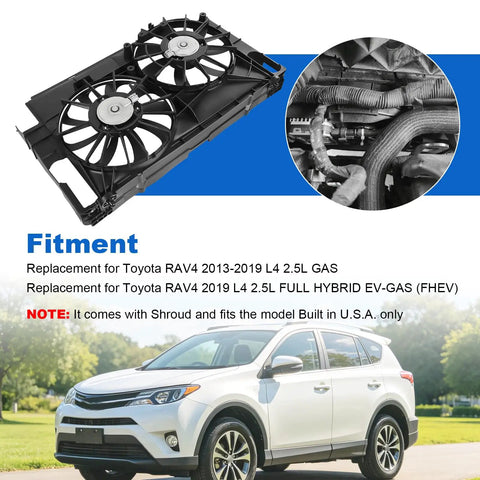 Heavy Duty Radiator Cooling Fan Assembly Including Shroud Straight Bolt On Swap For Toyota Rav4 2013 2019 with dual fans.