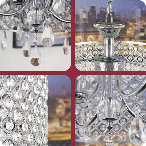 Briolette 16 Inch Four Light Crystal Chandelier With Round Beaded Drum Shade Adjustable Height Chrome Finish Totally Glam Modern Pendant details