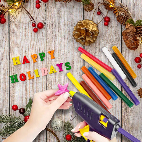 72 Pack Colored Hot Glue Sticks 0.4 x 3.9 Inches In 12 Colors For Crafts DIY Projects Repairs And General Gluing with glue gun and holiday decor